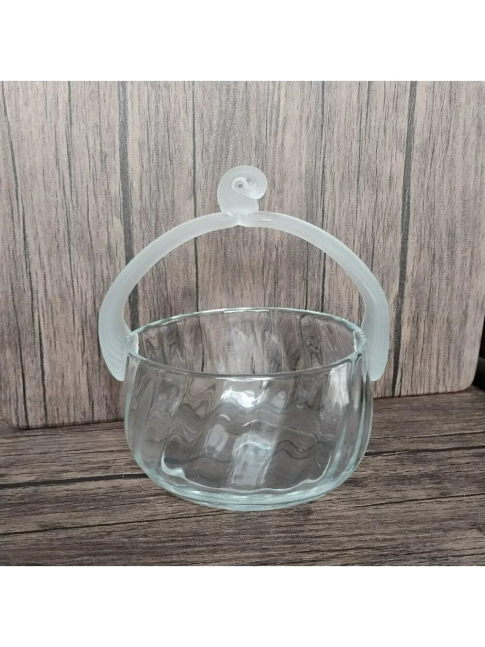 Vintage 70s Hand Blown Clear Art Glass Optic Basket, Frosted Satin Handle, MCM